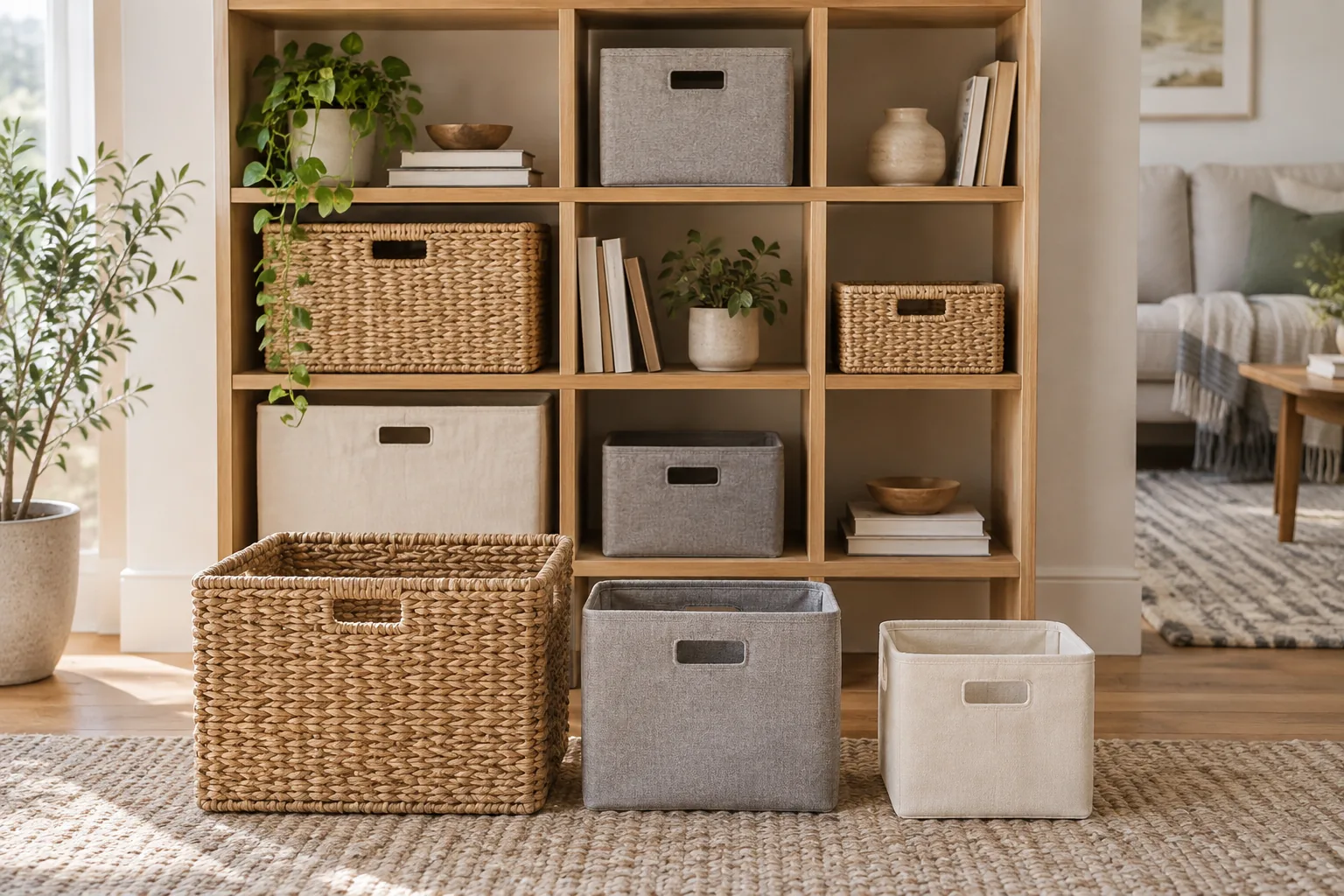 Three different sizes of simple woven and fabric storage bins arranged beside an open light-oak shelving unit, showing how different bin proportions fit different shelf compartments.