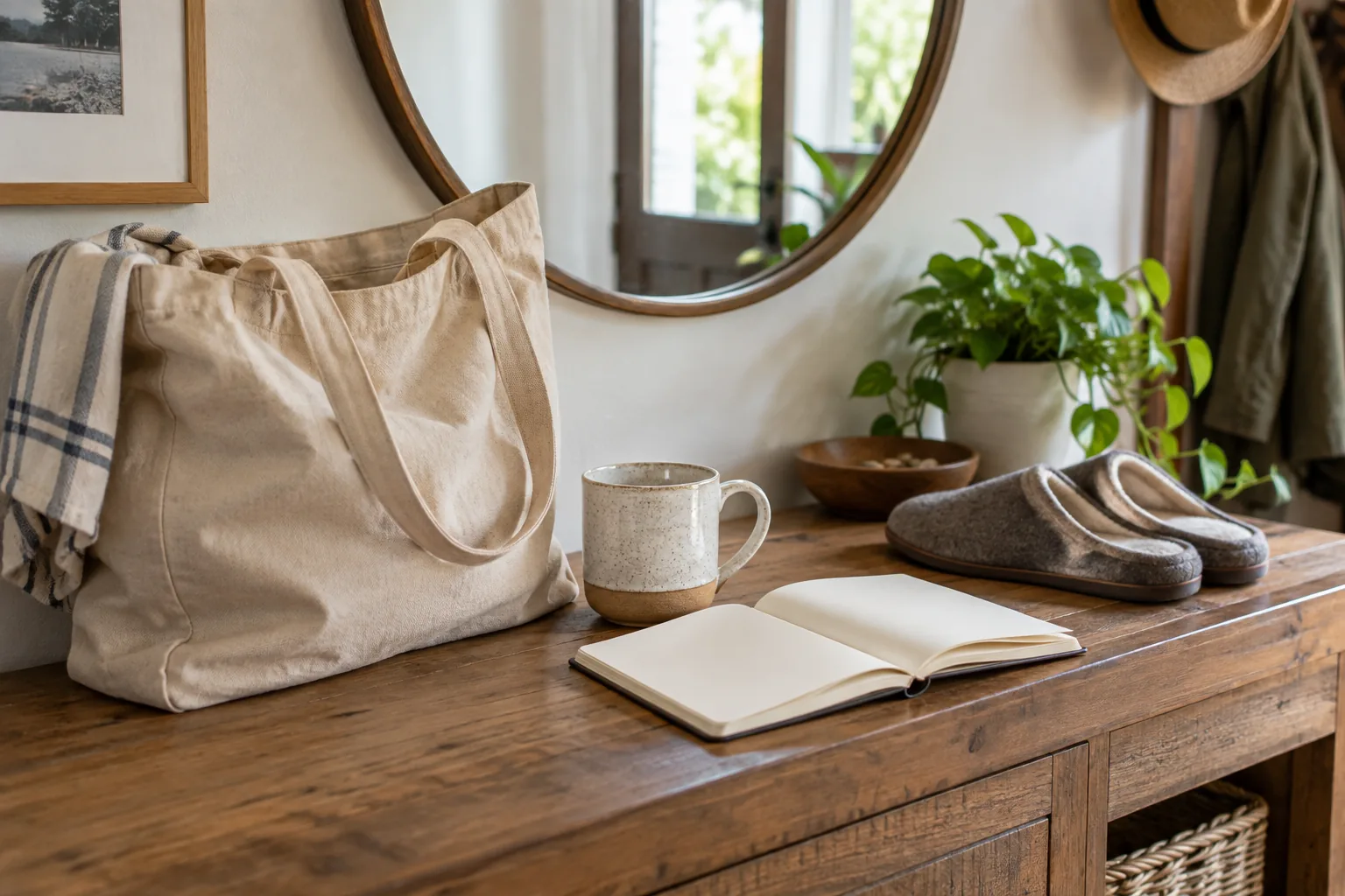 A well-used neutral canvas tote, sturdy ceramic mug and frequently worn slippers arranged on a home console beside a small open blank notebook, suggesting useful everyday possessions and repeated use.