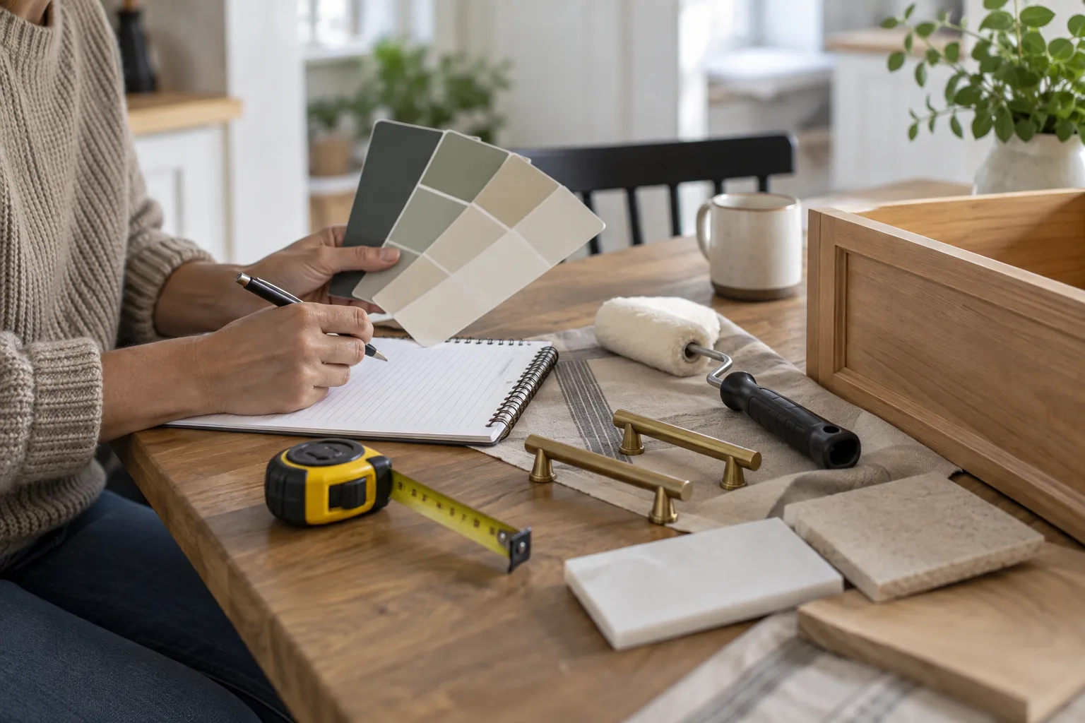 A small home improvement planning table: plain paint swatches, a compact roller, simple brass cabinet handles, measuring tape and notebook alongside a wooden drawer.