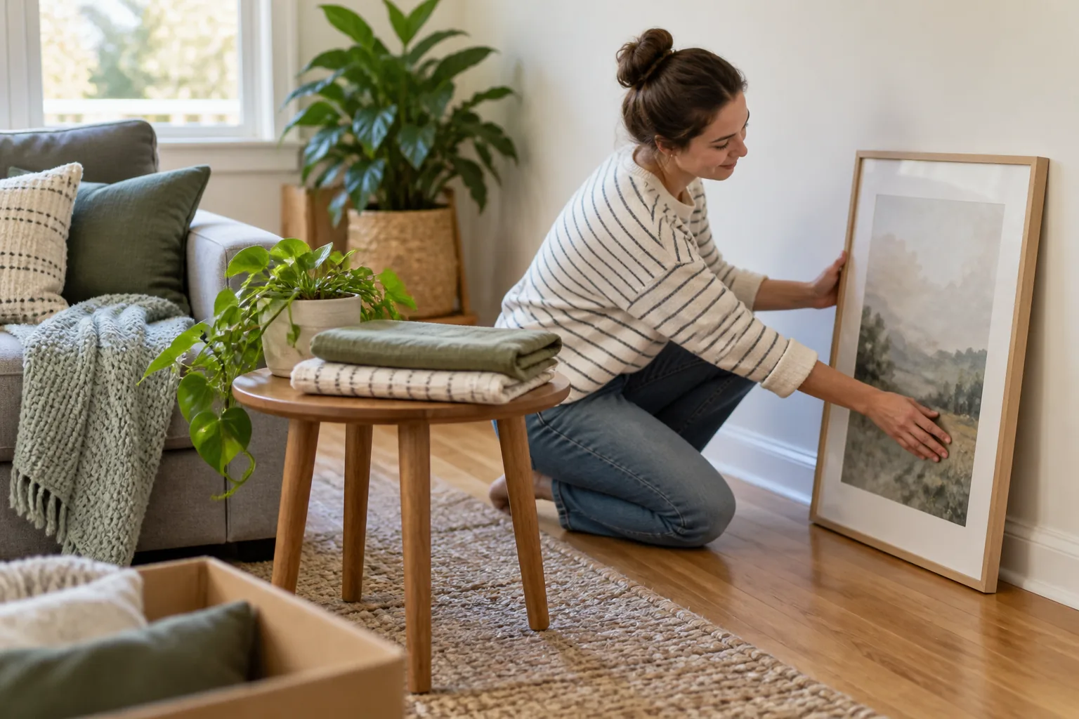 A modest room refresh in progress: a small side table, folded cotton cushion covers, a houseplant and one framed unmarked art print leaning safely against a living-room wall.
