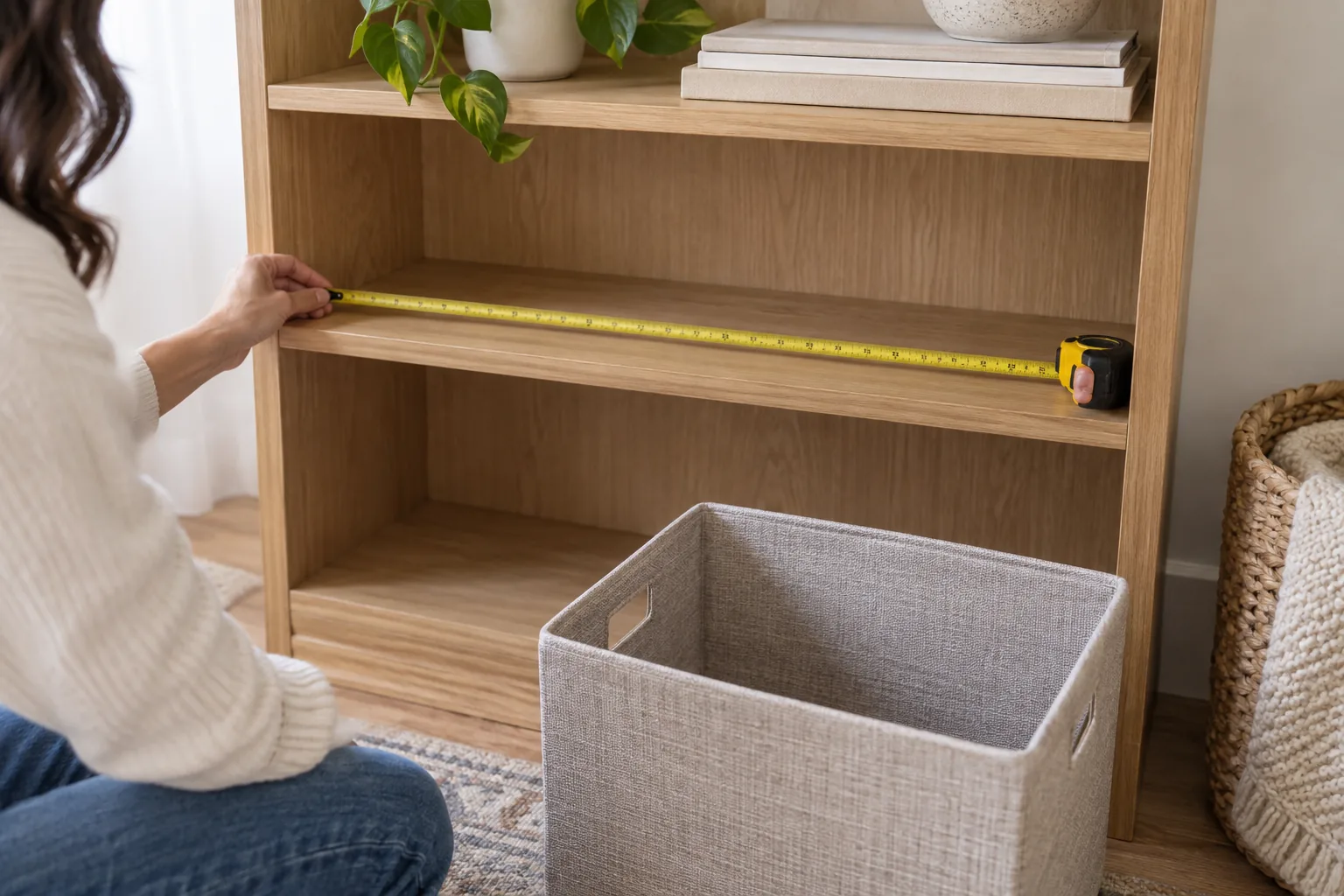 Close-up of an empty oak shelf with a tape measure stretched along its inside width and a neutral fabric storage bin sitting below on the floor.