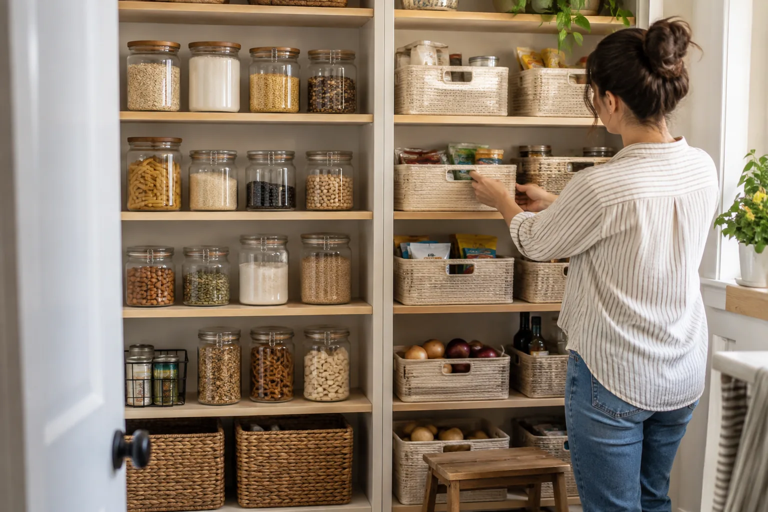 A tidy pantry with two adjacent shelf sections showing two different sensible storage arrangements: one uses clear glass dry-food jars, the other neutral removable baskets.