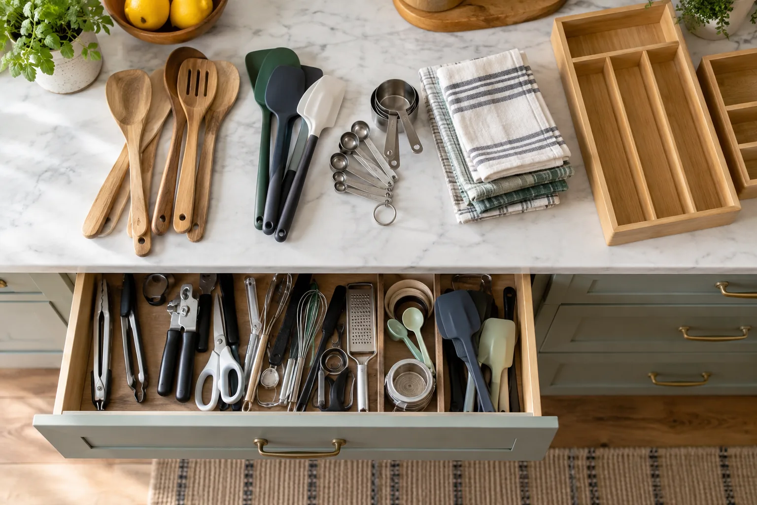 A kitchen drawer open beside its contents sorted into small groups on a clean counter: wooden spoons, spatulas, measuring spoons and folded tea towels, with empty wooden organizers nearby.