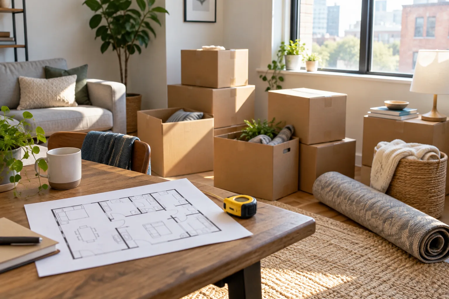 A small apartment move planning scene with several plain cardboard moving boxes, a compact floor-plan sketch without text, a tape measure and room essentials grouped near a sunny window.