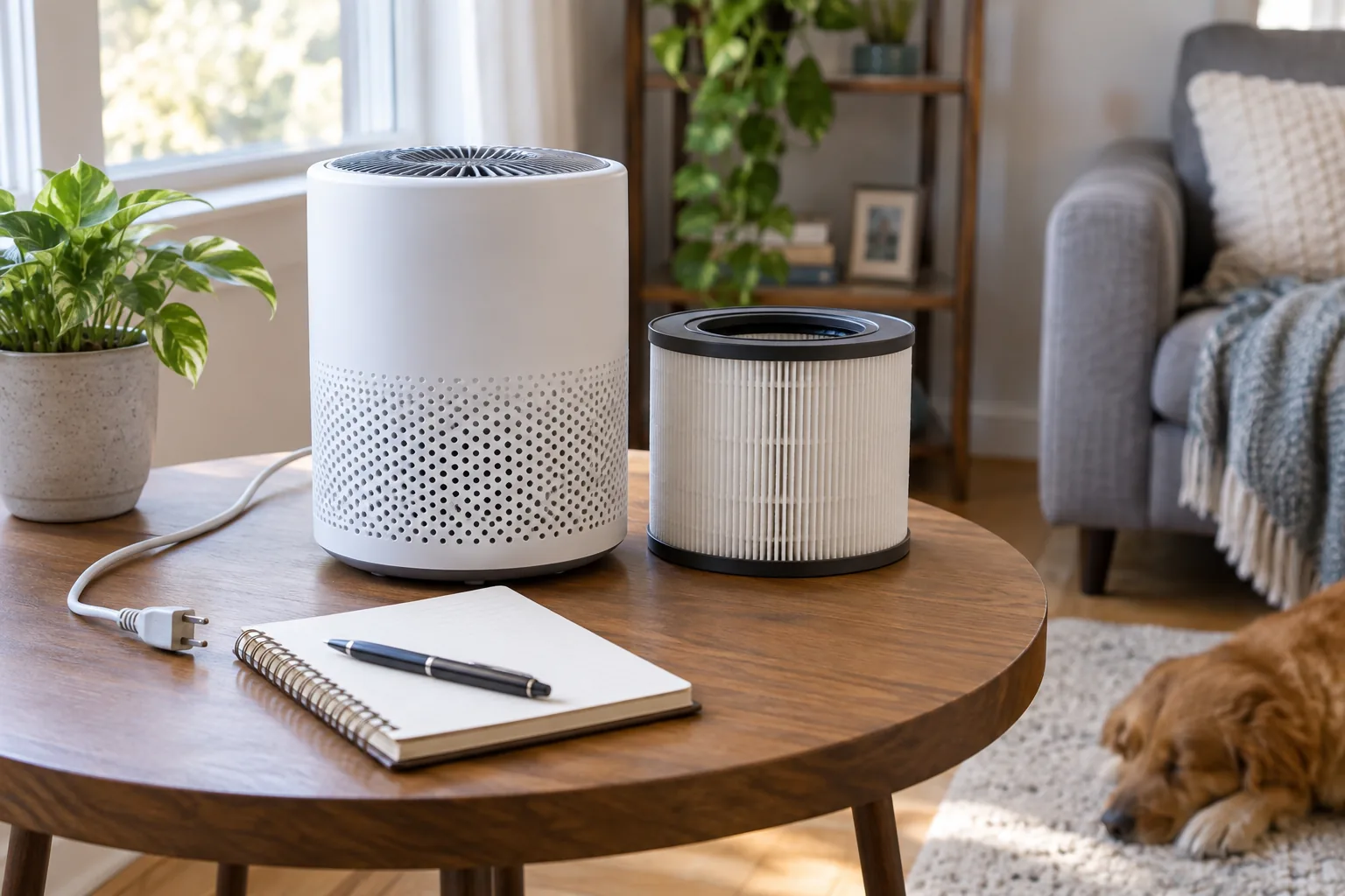 A compact household air purifier on a side table with its clean replacement filter safely detached beside it, a notebook and a plain power cord visible.