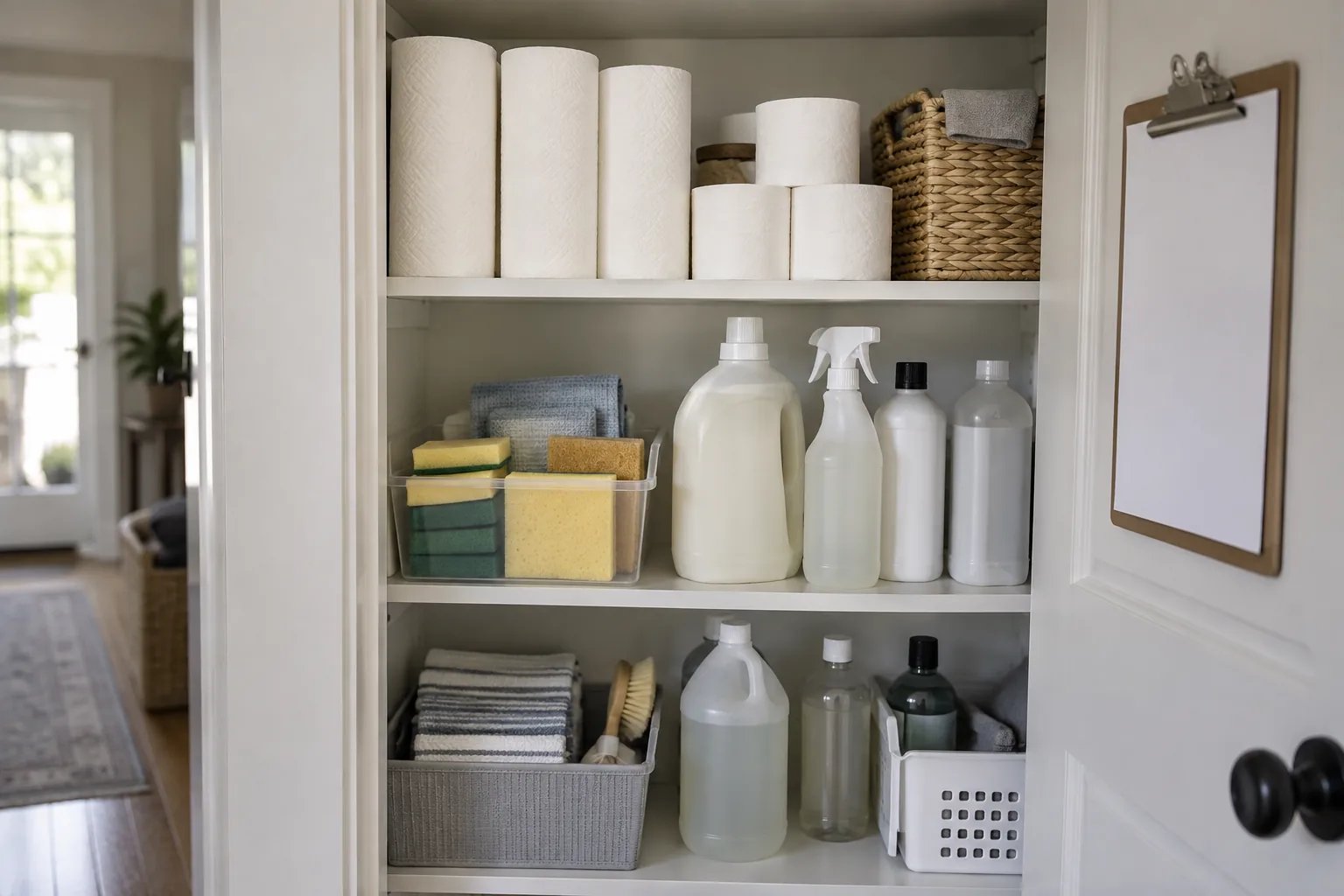 A utility cupboard with partially used unbranded household paper rolls, sponges and opaque refill bottles, a small blank checklist on a clipboard beside the shelf.